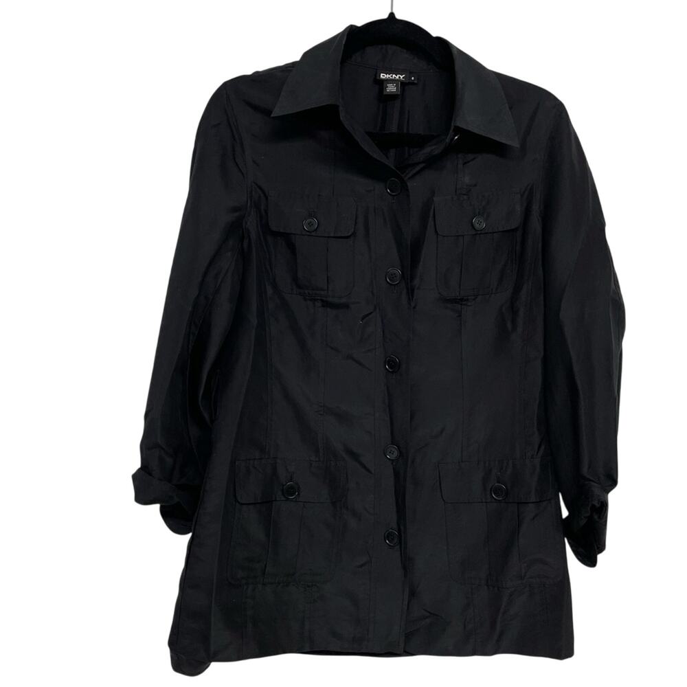 DKNY Black Silk Utility Button Down Shirt Womens 6 Casual Classic Dark Academia
